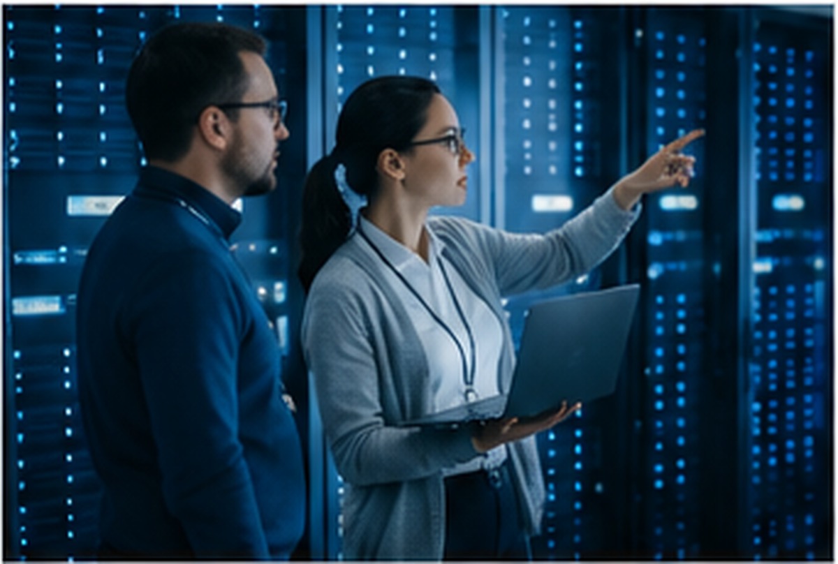 IT professionals collaborating in a modern enterprise server environment